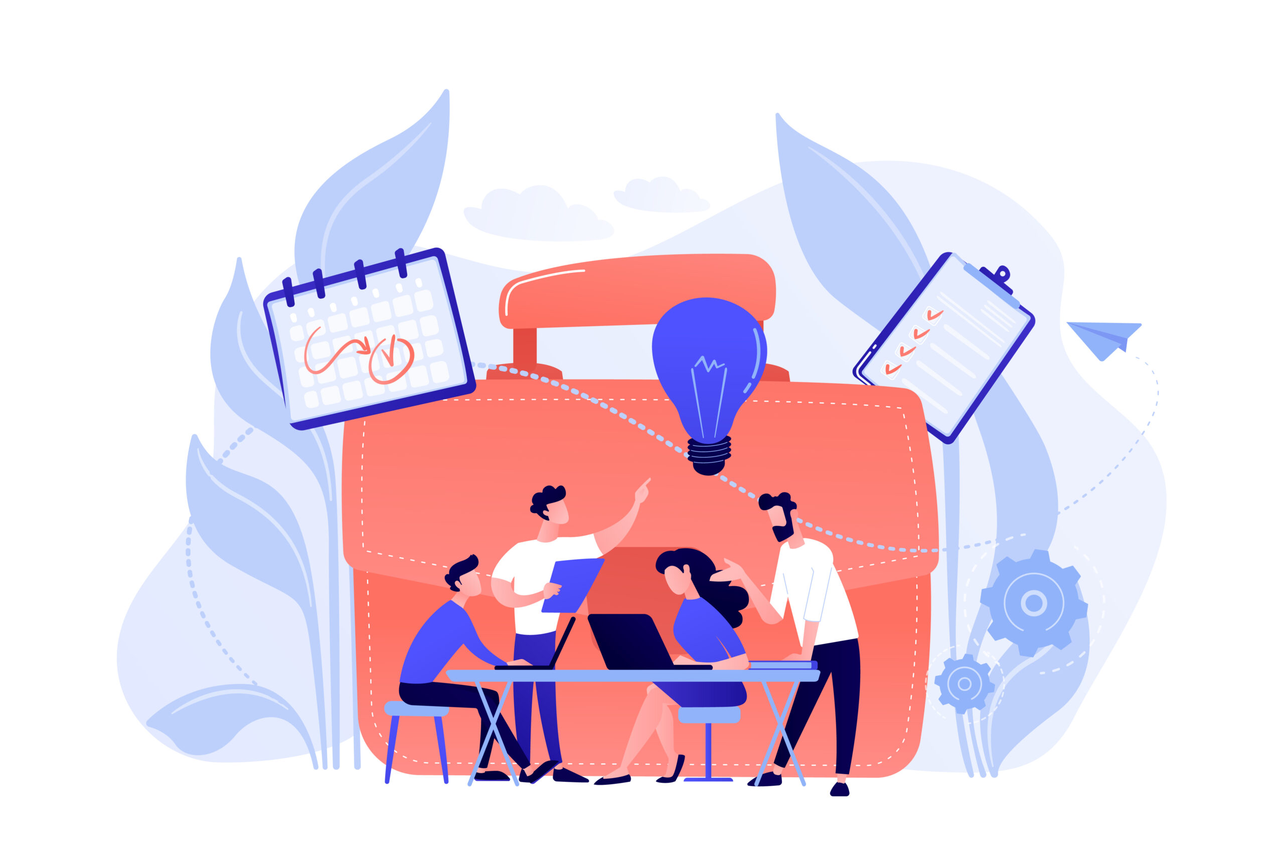 Business team work together with laptops and light bulb. Collaboration, collaborative problem solving and partnership concept on white background. Pinkish coral blue vector isolated illustration